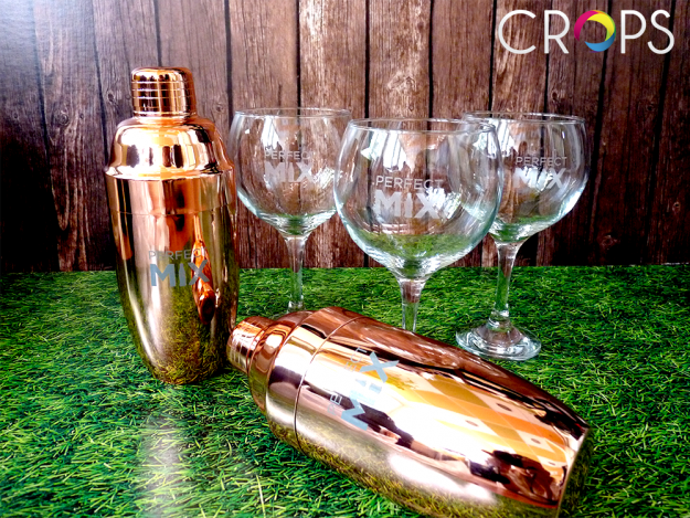 Promotional glasses and bottles, advertising agency